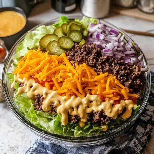 Big Mac Salat Rezept Zutaten: - 500g Rinderhackfleisch - 1 Teelöffel Salz - 1 Teelöffel Pfeffer - 1 Kopf Eisbergsalat - 1 große Tomate - 1 große Gurke - 100g Cheddar-Käse - 1 kleine Zwiebel - 4 EL Mayonnaise - 2 EL Ketchup - 1 EL Senf - Sesambrötchen (optional) Anleitung: 1. Rinderhackfleisch in einer Pfanne braten und mit Salz und Pfeffer würzen. 2. Eisbergsalat waschen und in Stücke zupfen. 3. Tomate und Gurke würfeln. 4. Zwiebel fein hacken. 5. In einer Schüssel Mayonnaise, Ketchup und Senf vermischen. 6. Alles in einer großen Schüssel kombinieren: Rinderhack, Eisbergsalat, Tomate, Gurke, Zwiebel und Käse. 7. Mit der Soße vermengen und nach Belieben mit Sesambrötchen servieren.