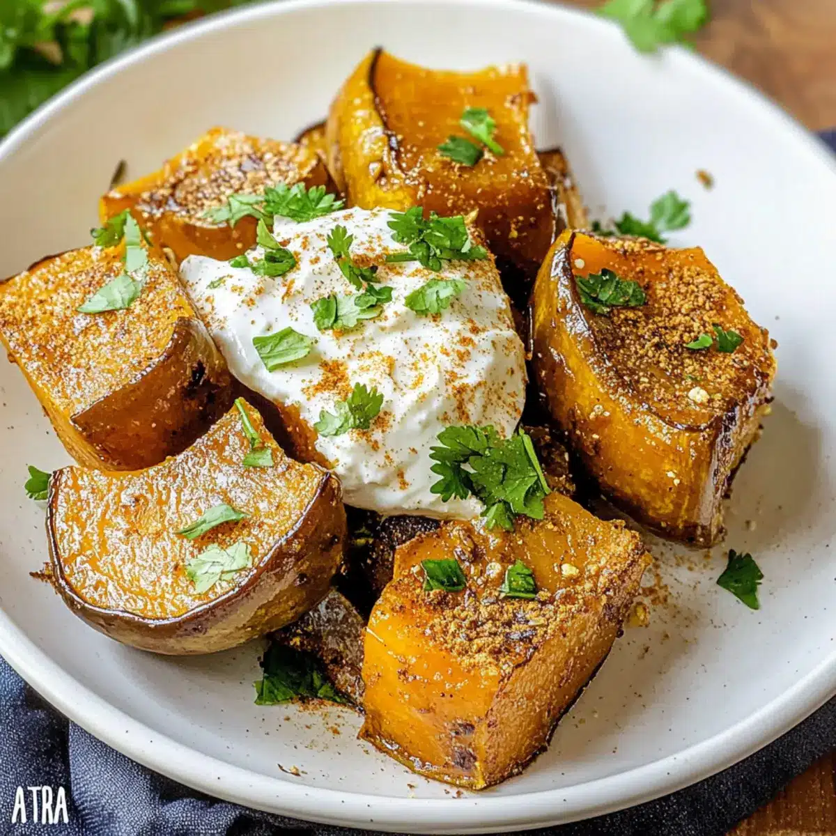 Karamellisierter Kabocha-Kürbis mit warmen Gewürzen und Joghurt
