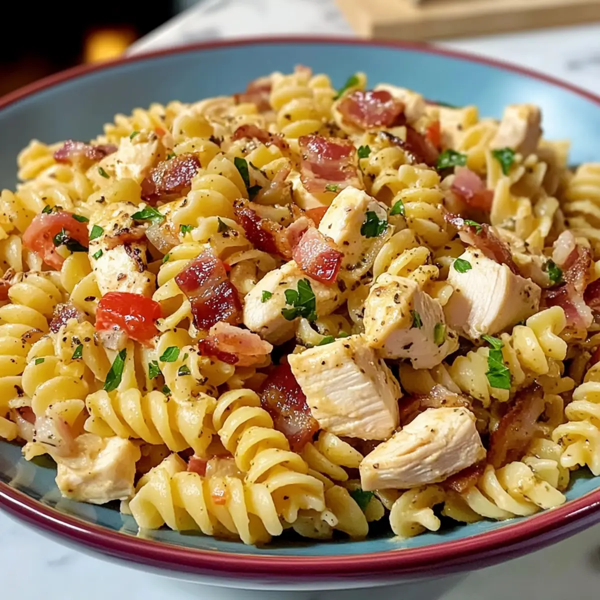 Hühnchen-Pasta-Salat mit italienischem Dressing
