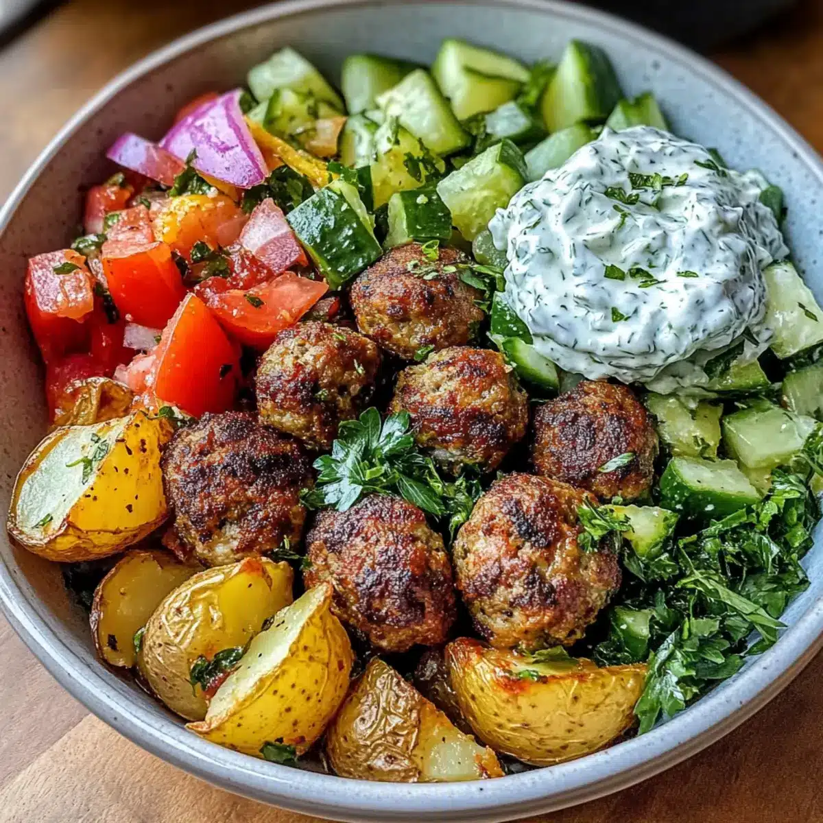 Griechische Fleischbällchen Schüssel Rezept Zutaten: - 500 g gemischtes Hackfleisch - 1 Zwiebel, fein gehackt - 2 Knoblauchzehen, zerdrückt - 1 Ei - 100 g Semmelbrösel - 1 TL Oregano - 1 TL Kreuzkümmel - Salz und Pfeffer nach Geschmack - 2 EL Olivenöl Für die Schüssel: - 200 g Quinoa oder Reis - 1 Gurke, gewürfelt - 2 Tomaten, gewürfelt - 100 g Feta, zerbröckelt - 100 g griechischer Joghurt - Frische Petersilie, gehackt Anleitung: 1. Hackfleisch, Zwiebel, Knoblauch, Ei, Semmelbrösel, Oregano, Kreuzkümmel, Salz und Pfeffer in einer Schüssel vermengen. 2. Aus der Mischung kleine Bällchen formen. 3. Olivenöl in einer Pfanne erhitzen und die Fleischbällchen von allen Seiten goldbraun braten. 4. Quinoa oder Reis nach Packungsanweisung kochen. 5. In einer Schüssel Quinoa oder Reis, gewürfelte Gurke, Tomaten und Feta anrichten. 6. Fleischbällchen darauflegen und mit griechischem Joghurt und Petersilie garnieren. Servieren und genießen!