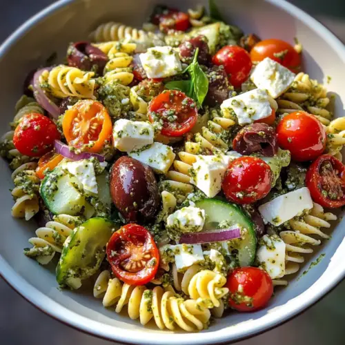 Mediterraner Nudelsalat mit Pesto