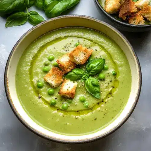Geröstete Zucchinisuppe mit Erbsen und Basilikum