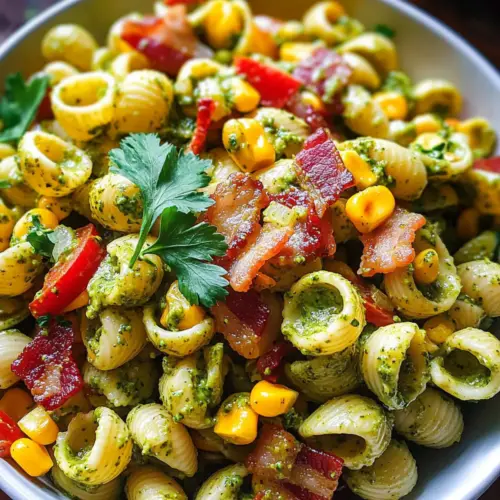 Mais-Pasta-Salat mit Speck und cremigem Pesto-Dressing