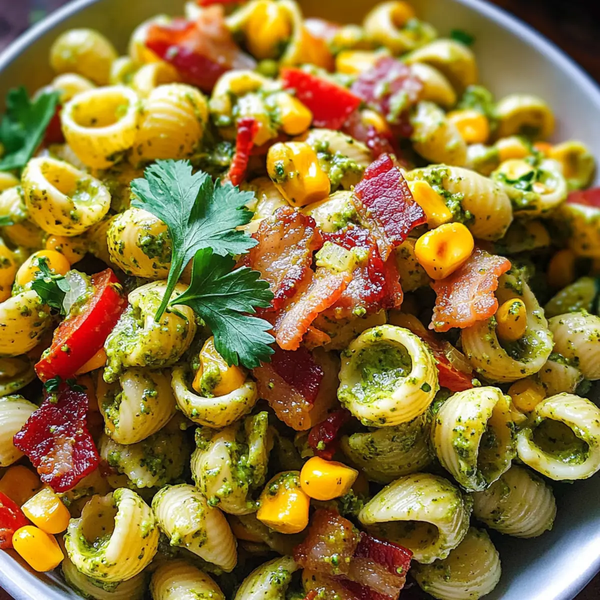 Mais-Pasta-Salat mit Speck und cremigem Pesto-Dressing